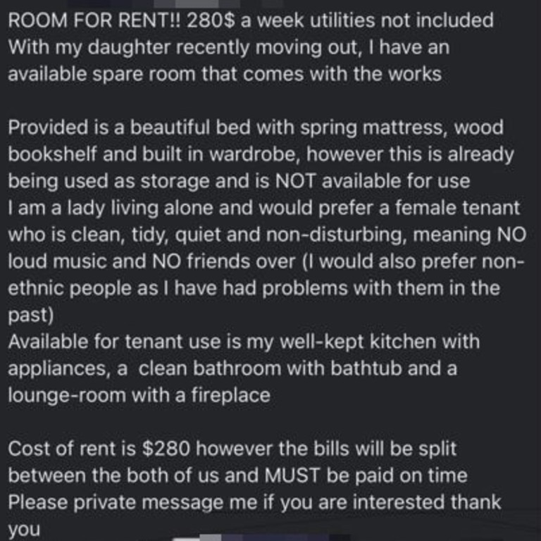 The controversial post advertising a room for rent sparked outrage online. Picture: Facebook