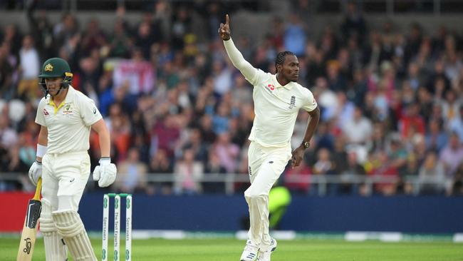 Jofra Archer (right) celebrates the wicket of Marcus Harris. Picture: Getty Images