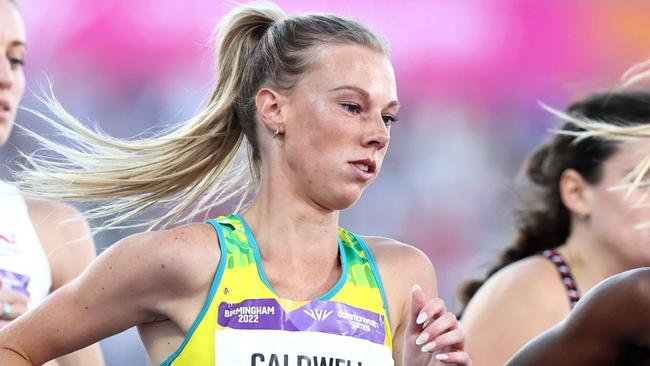 BIRMINGHAM 2022 COMMONWEALTH GAMES. 07/08/2022   .  Track and Field at Alexander Stadium.  Womens 1500 mtr final . Australian Abbey Caldwell on her way to a bronze medal in the 1500 mtr . Picture: Michael Klein