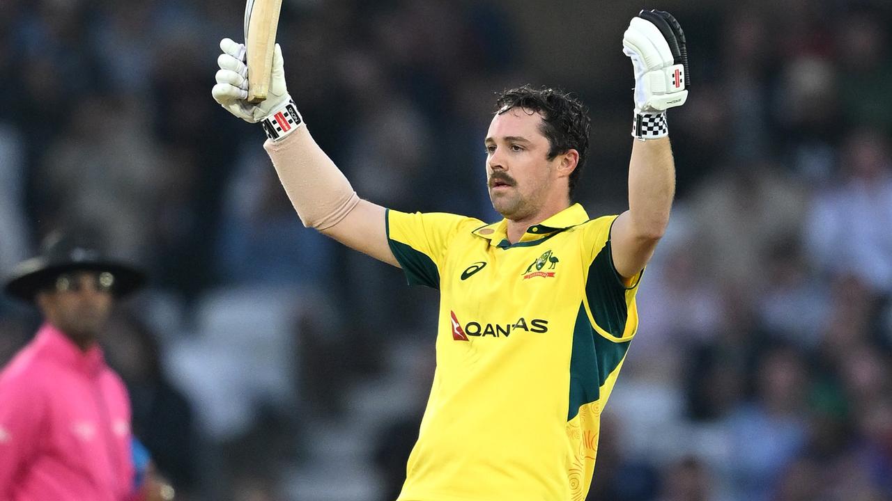 NOTTINGHAM, ENGLAND - SEPTEMBER 19:  Travis Head of Australia celebrates reaching his 100 during the 1st Metro Bank ODI between England and Australia at Trent Bridge on September 19, 2024 in Nottingham, England. (Photo by Shaun Botterill/Getty Images)