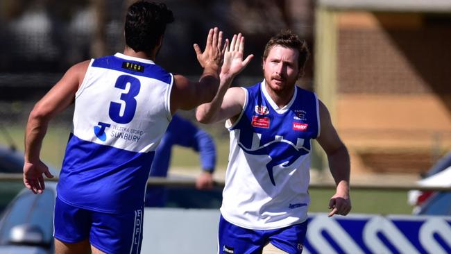 Mitch Streiff celebrates a goal for Sunbury Kangaroos. Picture: Jamie Morey