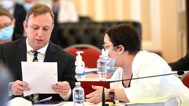 Steven Miles with then chief of staff Danielle Cohen during an Economics and Governance Committee estimates hearing at Parliament House. Picture: NCA NewsWire/Dan Peled