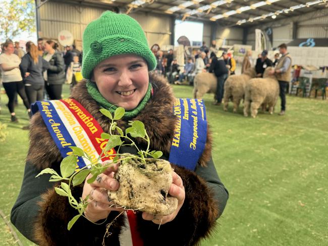 Sheepvention 2024 Picture KATE DOWLER Inventions competition winner Sherri Symonds with her crossbred wool Planter Pot.