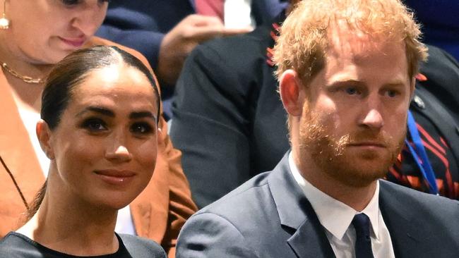 (FILES) Prince Harry (R) and Meghan Markle (L), the Duke and Duchess of Sussex, attend the 2020 UN Nelson Mandela Prize award ceremony at the United Nations in New York on July 18, 2022. A multi-million-dollar deal between a media group run by Britain's Prince Harry and his wife Meghan Markle, and streaming giant Spotify is to end, a report said June 15, 2023. (Photo by TIMOTHY A. CLARY / AFP)