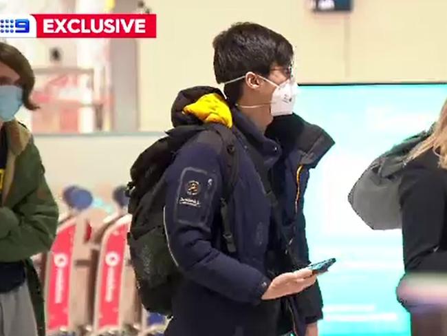 Passengers arrive at Sydney Domestic Airport after disembarking Jetstar flight JQ520 from Melbourne. Picture: Nine News.