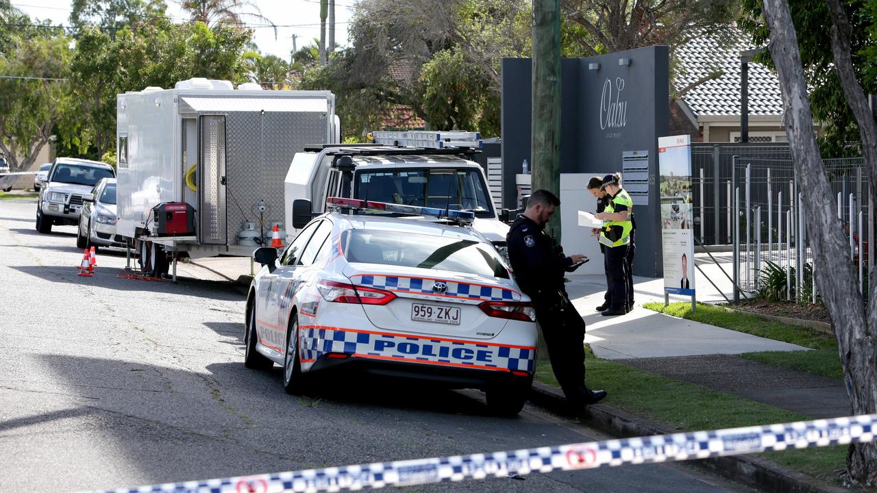 Police attend Ronald St Wynnum on Wednesday where a man was found dead in a residence. Picture: Steve Pohlner