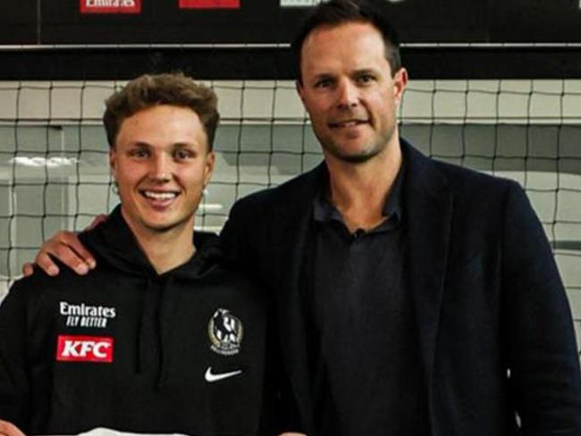 College Football Coaching Director and Pies legend Nathan Brown with Will Parker. Picture: Geelong College