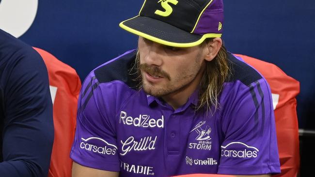 TOWNSVILLE, AUSTRALIA - AUGUST 29: Ryan Papenhuyzen of the Storm is seen with ice strapped to his leg during the round 26 NRL match between North Queensland Cowboys and Melbourne Storm at Qld Country Bank Stadium, on August 29, 2024, in Townsville, Australia. (Photo by Ian Hitchcock/Getty Images)