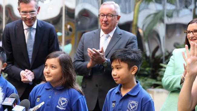 The NSW Premier, Health Minister and Education Minister visited Ultimo Public School on Tuesday to mark the return to classrooms. Picture: NCA NewsWire / Dylan Coker