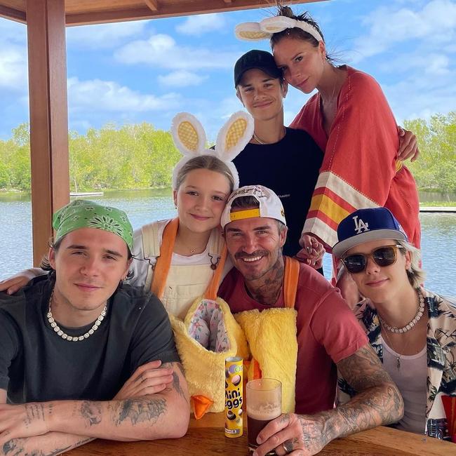 Brooklyn, Harper, David, Romeo, Victoria and Cruz Beckham on Easter holiday in 2021. Picture: @brooklynbeckham/Instagram