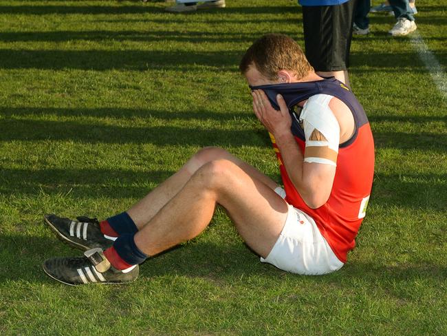 The pain is obvious after the match for Diggers Rest co-captain John Ryan. Picture: Carmelo Bazzano.