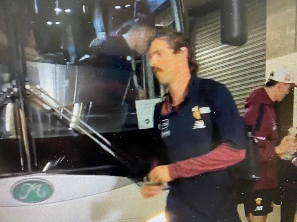 Joe Daniher gets off the team bus in the bowels of the MCG