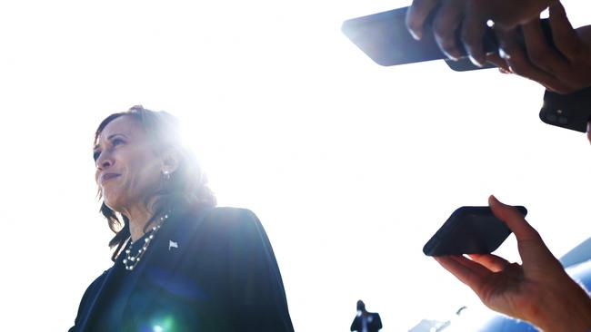 Kamala Harris at Detroit Metropolitan airport in Michigan, during which she spoke to the media for 70 seconds. Picture: Getty Images.