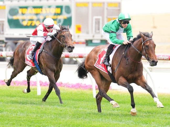 Refusetobeenglish (NZ) ridden by Ben Melham wins the Frankston Sand Soil & Mini Mix Handicap at Cranbourne Racecourse on November 23, 2024 in Cranbourne, Australia. (Photo by Scott Barbour/Racing Photos via Getty Images)