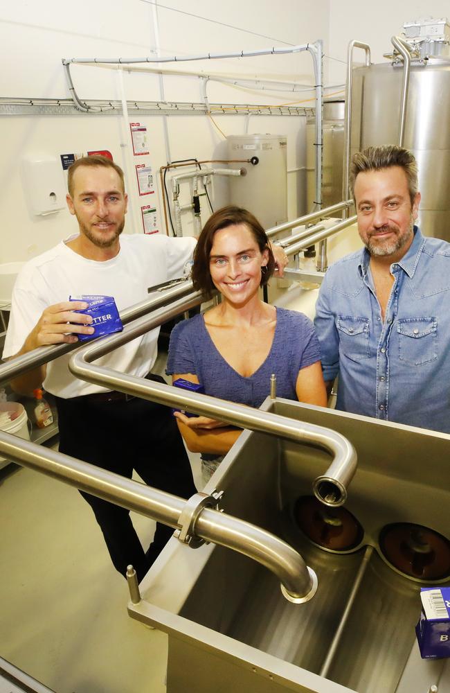 Left to right ,Luke McCartin and his business partners Claire Beard and Simon Gloftis at the factory. Picture Glenn Hampson