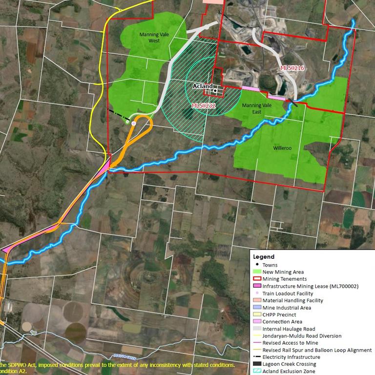 Maps of the proposed Stage 3 expansion of the New Acland Coal Mine. The area is green shows the new coal pits. The town of Acland is in the centre.