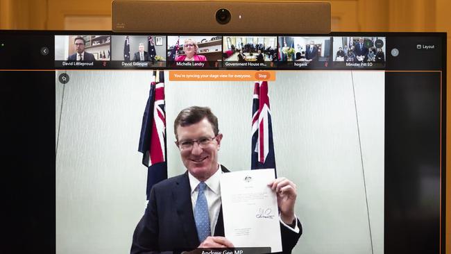 New Minister for Veterans’ Affairs Andrew Gee is sworn-in at Government House in Canberra.