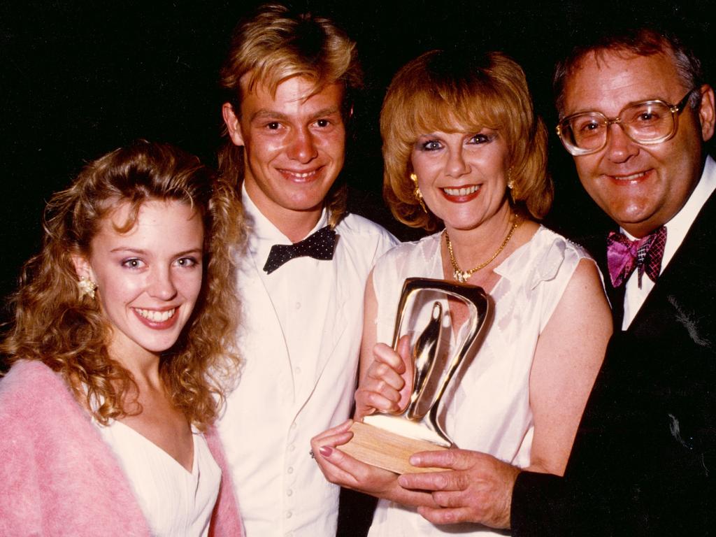 NKylie Minogue, Jason Donovan, Anne Charleston and Ian Smith during Neighbours’ heyday. Picture: Supplied / Neighbours