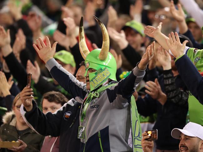 Canberra fans perform the viking clap during the Canberra Raiders v South Sydney Preliminary NRL Final at GIO Stadium, Canberra.