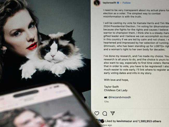 Taylor Swift gave her 283 million followers on Instagram a last minute rev-up to vote. Picture: AFP