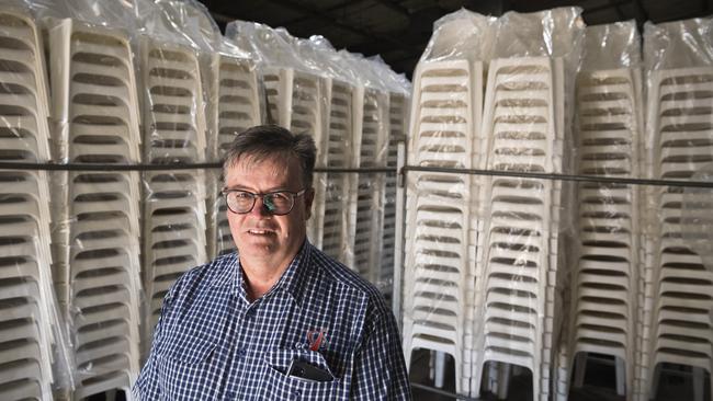 GC Event Hire hire manager / director Gary Love, standing with chairs that in normal circumstances would be hired out, welcomes federal government stimulus that he says will help his business survive after the COVID-19 coronavirus pandemic, Tuesday, March 31, 2020. Picture: Kevin Farmer