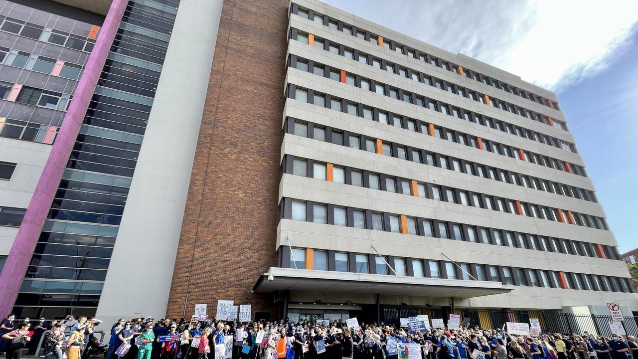 The NSW Nurses and Midwives rallied outside Wollongong Hospital in March to protest working conditions and pay. Picture: Dylan Arvela