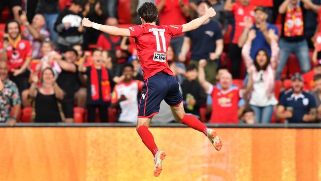 Craig Goodwin celebrates scoring his first goal. Picture: AAP