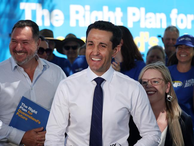 Leader of the Opposition David Crisafulli with Kendall Morton LNP candidate for Caloundra, and Andrew Powell MP, Golden Beach. Picture: Liam Kidston