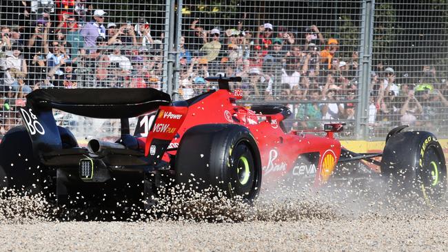 Ferrari driver Charles Leclerc spins off on turn 3, ending his hopes in this year’s Australian Grand Prix. Picture: David Caird