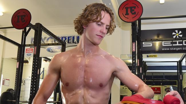 Cooper Stephens gets strapped ahead of a boxing session in Geelong. Picture: Stephen Harman