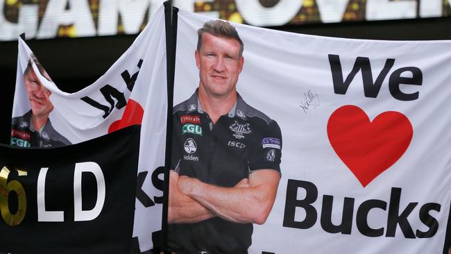 Collingwood fans show their support for Nathan Buckley. Picture: Getty Images