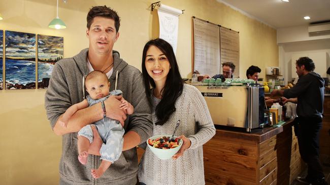 Josh Porteous with wife Ashley and baby Indie when the cafe opened lmid 2015.