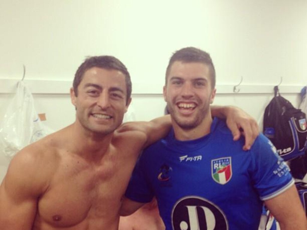 Anthony Minichiello and James Tedesco after Tedesco’s debut for Italy in 2013.