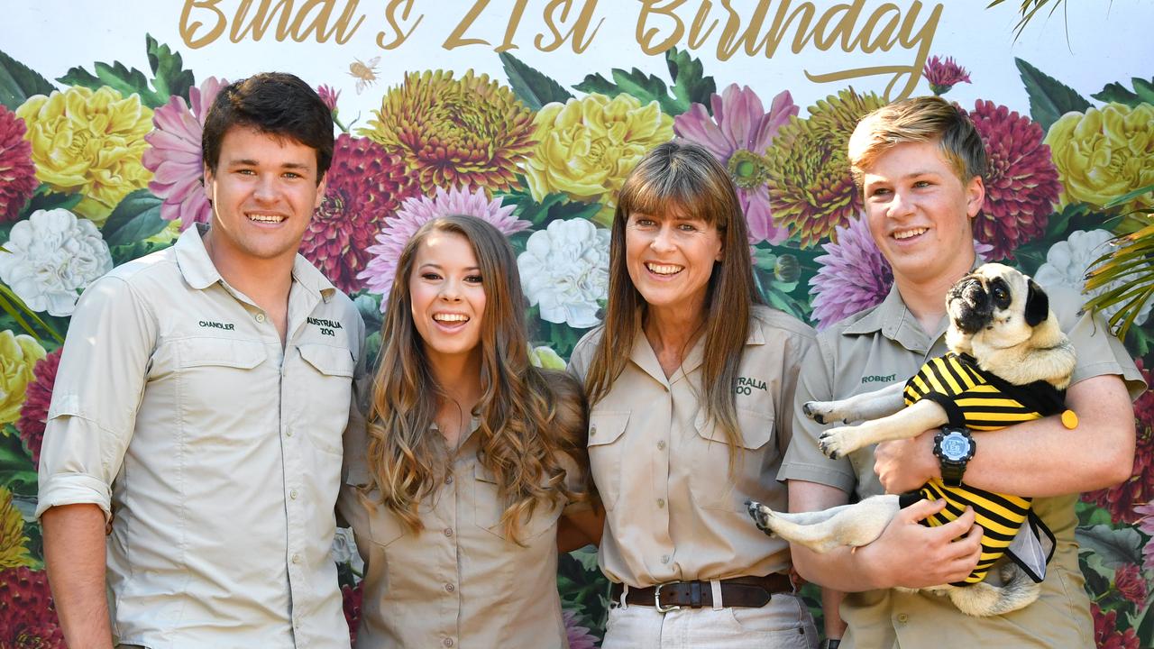 L-R: Bindi’s fiance Chandler Powell, Bindi, Terri and Robert Irwin at Australia Zoo last month. Picture: AAP