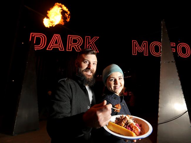 Western Australian couple Rhys Matthewman and Karolina Stojanovic were impressed with the opening night’s offering at Dark Mofo’s Winter Feast. Picture: LUKE BOWDEN