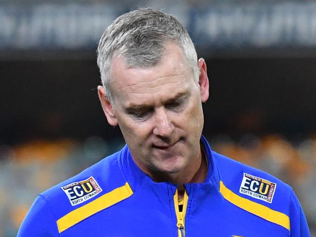 West Coast coach Adam Simpson is seen after losing the Round 3 AFL match between the Brisbane Lions and the West Coast Eagles at The Gabba in Brisbane, Saturday, June 20, 2020. (AAP Image/Darren England) NO ARCHIVING, EDITORIAL USE ONLY