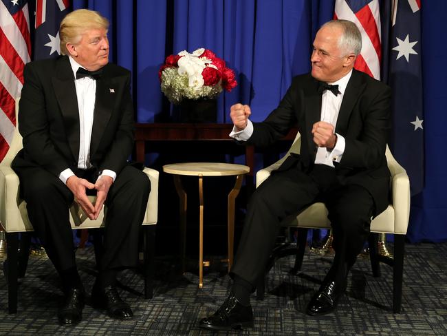 Prime Minister Malcolm Turnbull in his first face-to-face meeting with US President Donald Trump on the USS Intrepid. Picture: Nathan Edwards