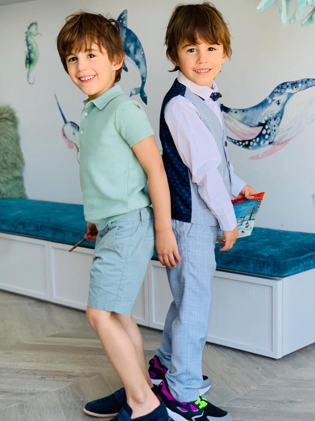 Chris and Bec Judd's twins Tom and Darcy in a fashion shoot for British label, Next. Picture: Supplied<br/>