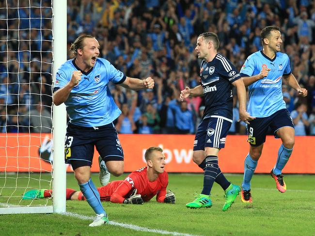 Rhyan Grant celebrates scoring in the A-League grand final. Picture: Mark Evans