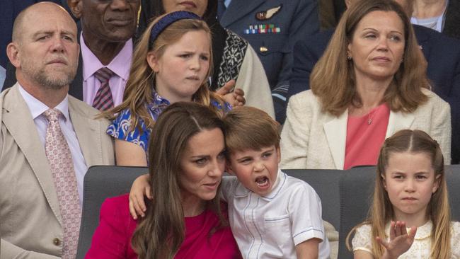 Mike Tindall with his daughter, Mia, seated behind Kate Middleton, Prince Louis and Princess Charlotte. Picture: Roland Hoskins – WPA Pool/Getty Images