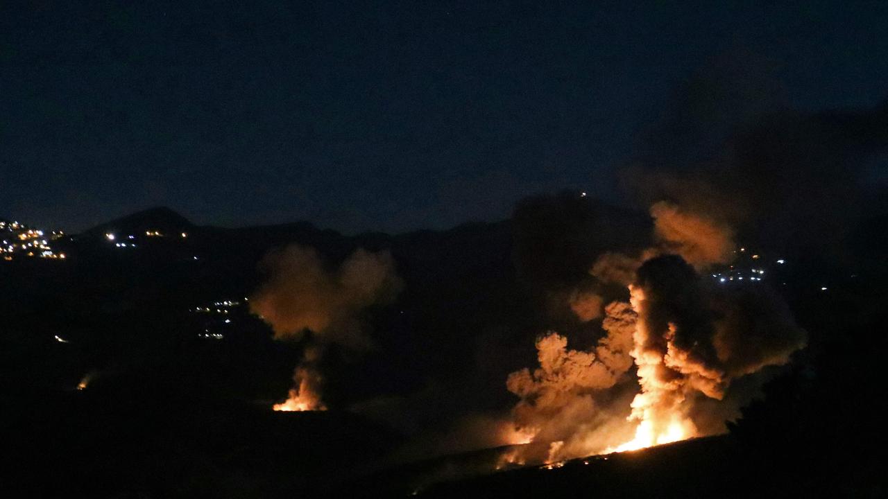 Smoke and fire rise from the site of an Israeli strike on the southern Lebanese border village of Mahmoudiyeh. Picture: Rabih Daher/AFP