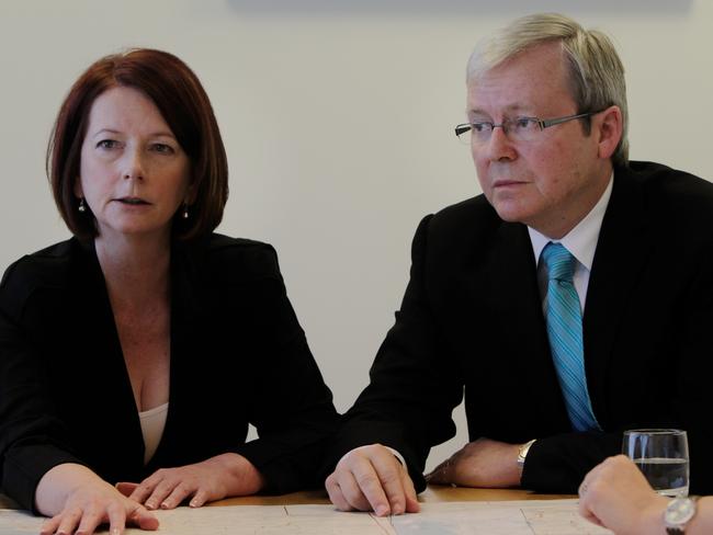 Well, this is awkward … ‘Best mates’ Julia Gillard and Kevin Rudd meet up for the cameras before the 2010 federal election.