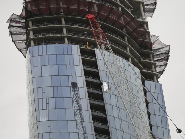 Pictured are the damages caused by an out of control crane today at Barangaroo.Picture: Christian Gilles