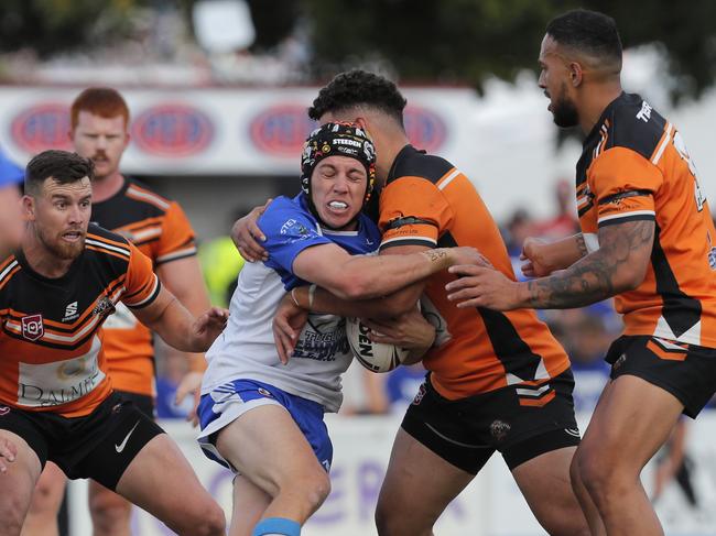 Kyle Williams (left) of Tugun Seahawks contests with Samuel Shannon of Southport Tigers during the Grade A Gold Coast Rugby League grand final played at the UAA Park, Miami, Gold Coast, Sunday, September 10, 2023. Photo: Regi Varghese