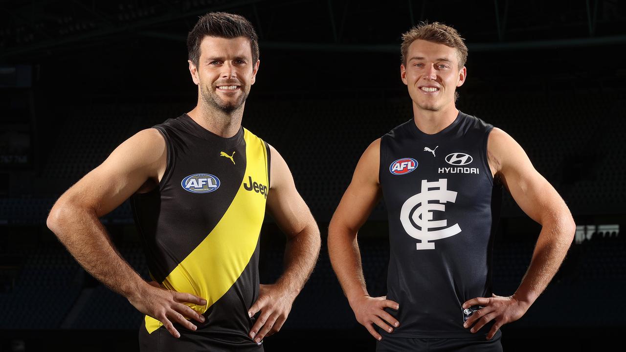 Richmond skipper Trent Cotchin and Carlton captain Patrick Cripps. Picture: Michael Klein