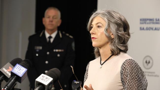 Chief public health officer Professor Nicola Spurrier, and Police Commissioner Grant Stevens at the press conference. Picture: NCA NewsWire / Dean Martin