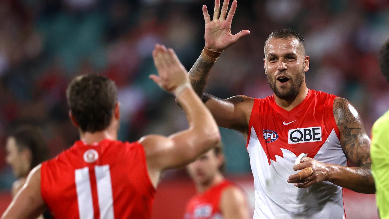 Sydney's Tom Papley celebrates kicking a goal with Lance Franklin. Photo by Phil Hillyard