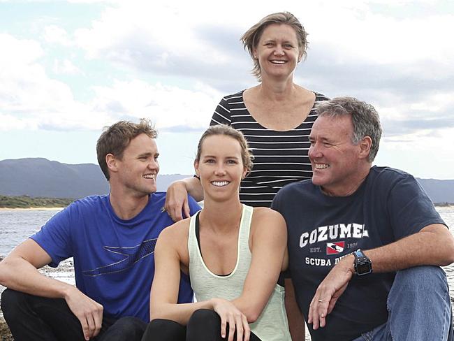 Australian Swimmers L-R - David McKeon, Emma McKeon, Susie McKeon and Ron McKeon in Wollongong. At the 1982 Commonwealth Games at Brisbane, Ron McKeon won a swimming gold medal and met his future wife in the pool deck. Those Games were called the Love Games because three marriages came out of it in the swim team. Ron's daughter is Emma and she'll be competing at the next Comm Games with him as her coach. Emma's brother has also swim for Australia. Jane Dempster/The Australian