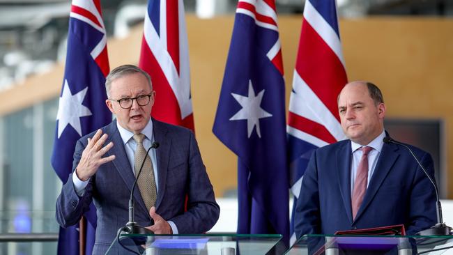 Prime Minister Anthony Albanese and then-British Defence Secretary Ben Wallace hold a joint press conference at BAE’s Barrow-in-Furness facility. Picture by Andrew Parsons / The Australian