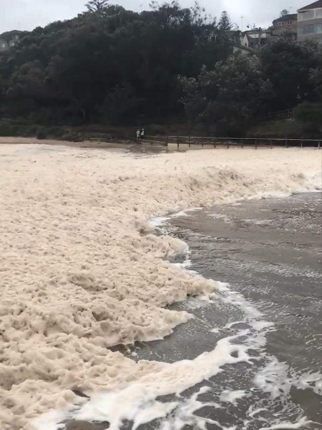 A heavy flurry of foam whipped up by Sydney's wild weather blankets the shoreline of Clovelly Beach. Picture: Twitter